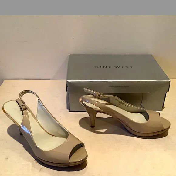 Nine West Beige Patent leather Peep-toe Slingback sandals - Picture 2 of 14